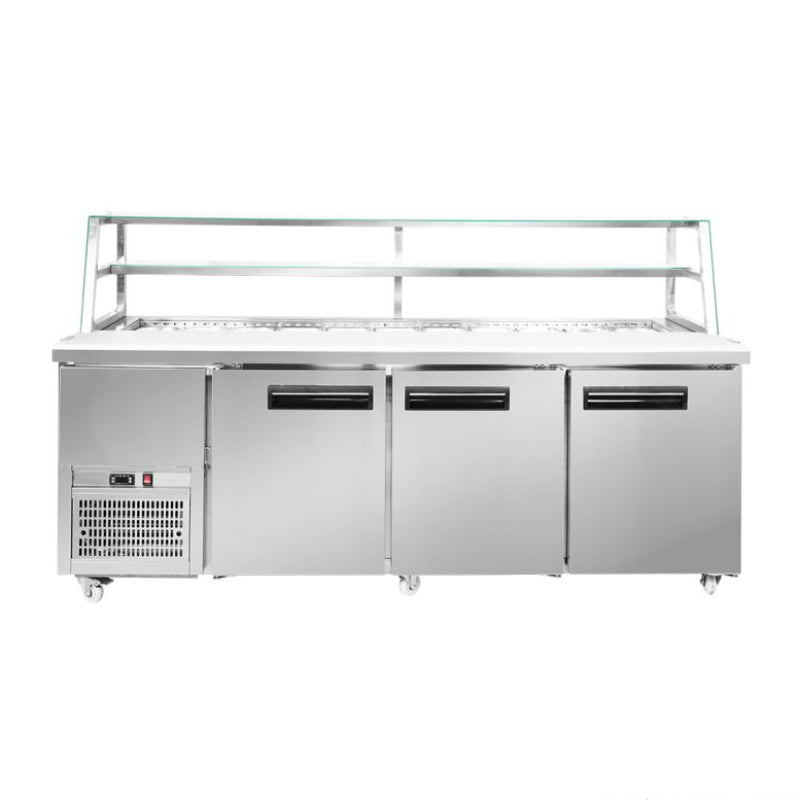 Thermaster SCB/21 straight front view showing three solid stainless steel doors, the refrigeration unit vent on the left and glass display shelving across the top