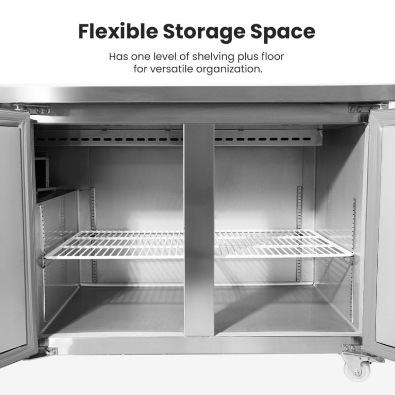Thermaster SCB/21 with doors open showing the stainless steel interior with one wire shelf plus floor storage