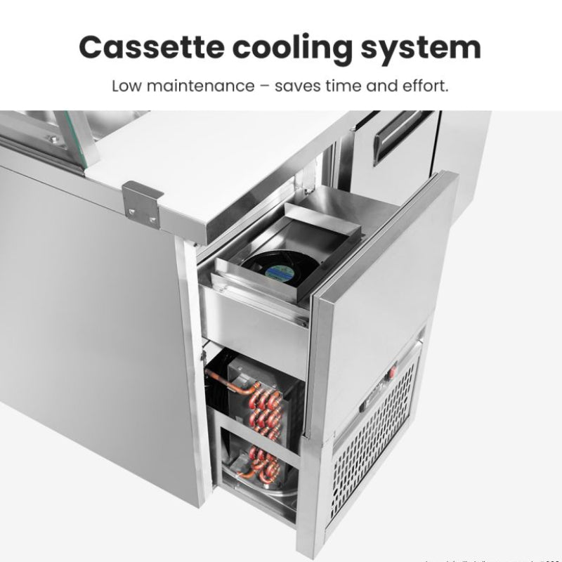 Thermaster SCB/21 cassette cooling system, close-up of the slide-out refrigeration unit with compressor and coils for low-maintenance servicing