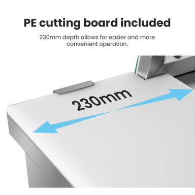 Thermaster SCB/21 sandwich bar close-up of the included white PE cutting board running along the front of the bench, 230 mm deep