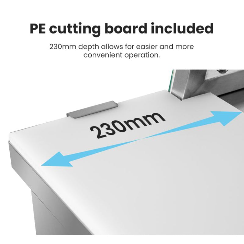 Thermaster SCB/21 sandwich bar close-up of the included white PE cutting board running along the front of the bench, 230 mm deep