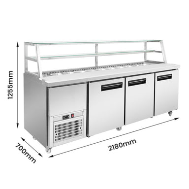 Thermaster SCB/21 three-door sandwich bar with dimensions: 1255 mm high, 2180 mm wide and 700 mm deep
