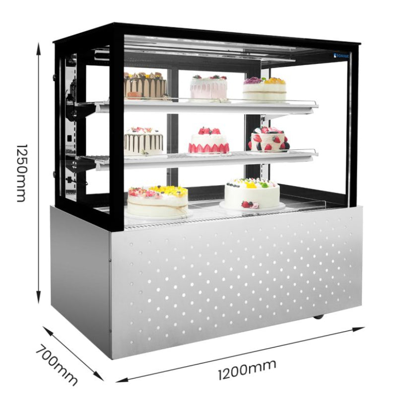 Bonvue SG120FA-2XB chilled food display stocked with cakes, with dimensions: 1250 mm high, 1200 mm wide and 700 mm deep