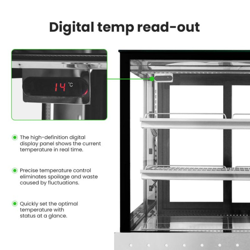 Bonvue SG120FA-2XB digital temperature read-out mounted at the top of the cabinet, with a close-up of the display