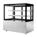 Bonvue SG120FA-2XB chilled food display, angled front view of the empty cabinet with two shelves above a dimpled stainless steel base