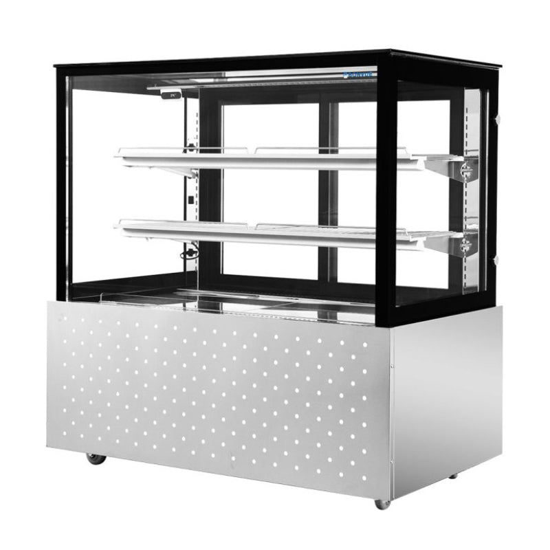 Bonvue SG120FA-2XB chilled food display, angled front view of the empty cabinet with two shelves above a dimpled stainless steel base