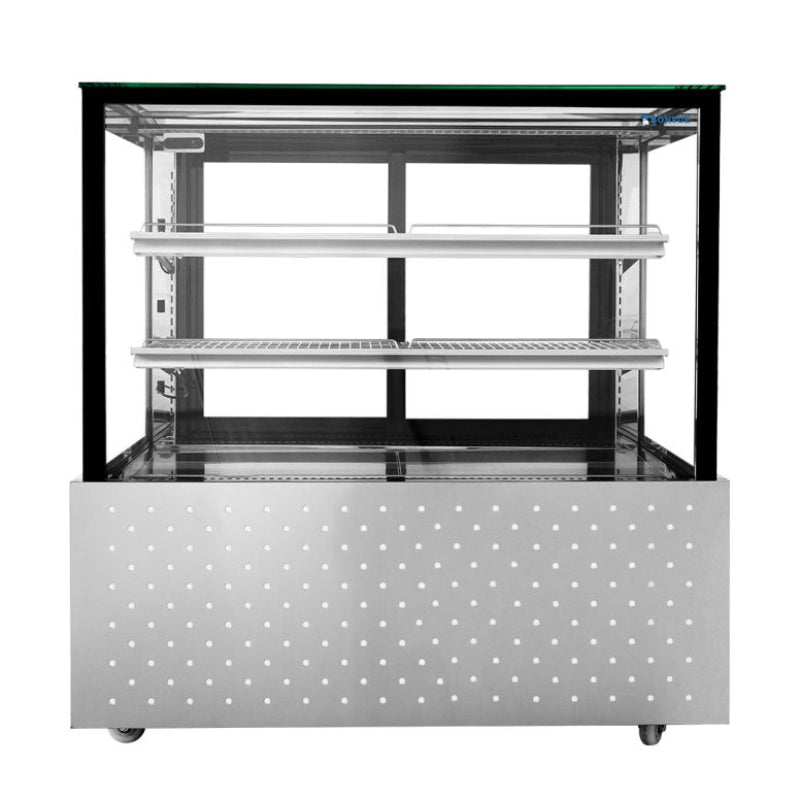 Bonvue SG120FA-2XB chilled food display, straight front view of the empty glass cabinet with two shelves