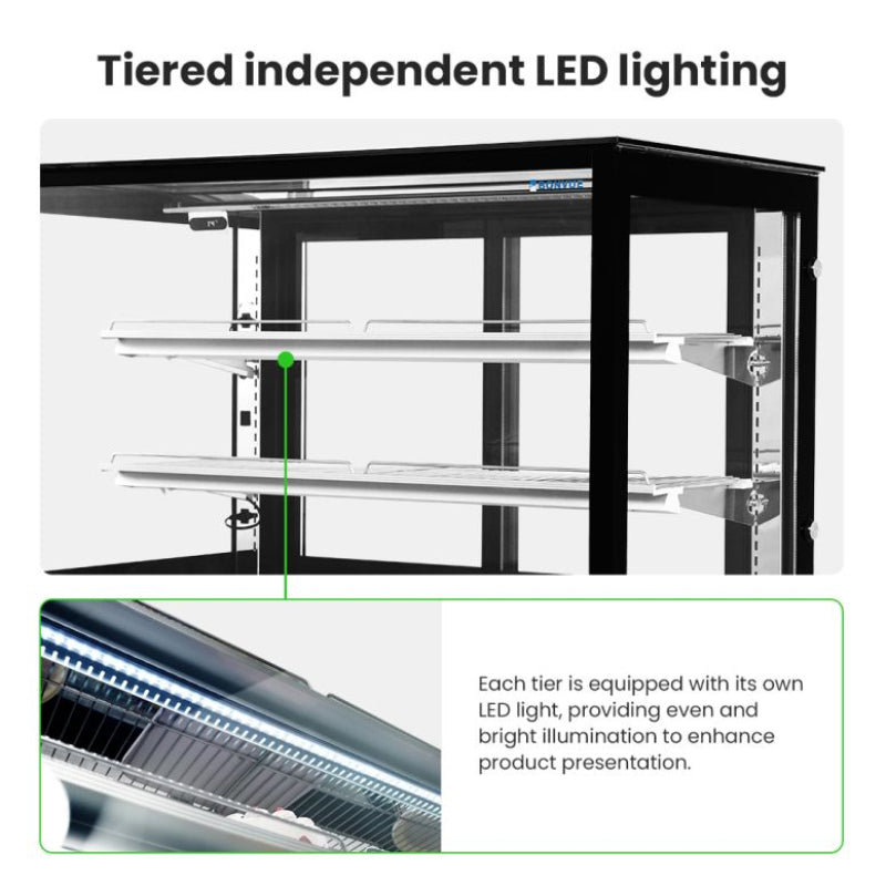 Bonvue SG120FA-2XB tiered LED lighting, with a close-up of the light strip under each shelf