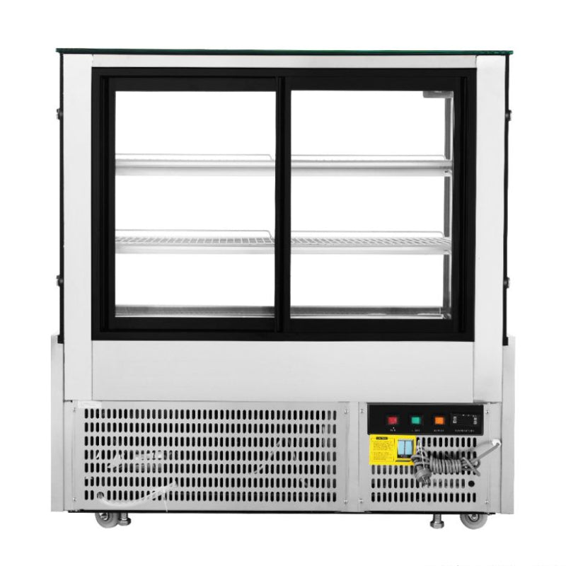 Bonvue SG120FA-2XB rear view showing the sliding glass doors for staff access, ventilation grille and control panel in the base