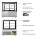 Bonvue SG120FA-2XB front and rear views with labelled features: digital temperature display, triple-glazed front with heated filaments, adjustable shelves with LED lighting, stainless steel construction, rear sliding glass doors, digital temperature control and self-evaporating drainage