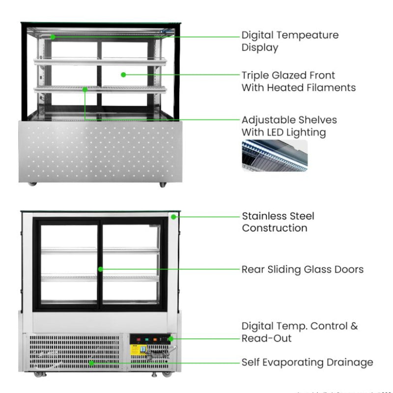 Bonvue SG120FA-2XB front and rear views with labelled features: digital temperature display, triple-glazed front with heated filaments, adjustable shelves with LED lighting, stainless steel construction, rear sliding glass doors, digital temperature control and self-evaporating drainage