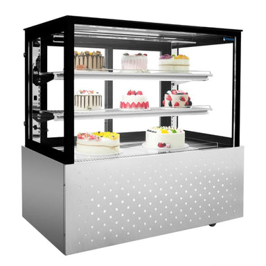 Bonvue SG120FA-2XB chilled food display stocked with cakes on three levels, angled front view of the black-framed glass cabinet on a stainless steel base