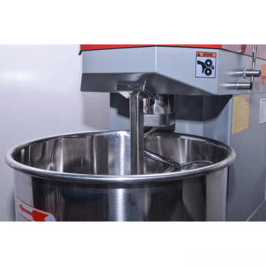 Stainless steel mixer with a red logo on a white background