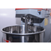 Stainless steel mixer with a red logo on a white background