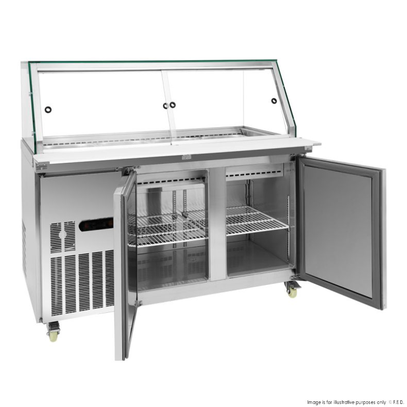 Commercial refrigerator with open doors on a white background