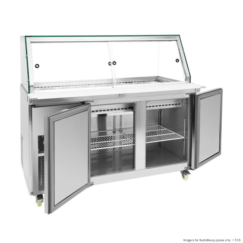 Commercial refrigerator with glass lid on a white background