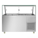 Stainless steel food display case with glass top on a white background