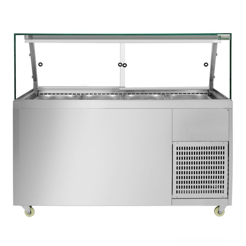 Stainless steel food display case with glass top on a white background