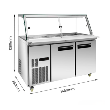 Stainless steel refrigerated counter with dimensions labeled on a white background