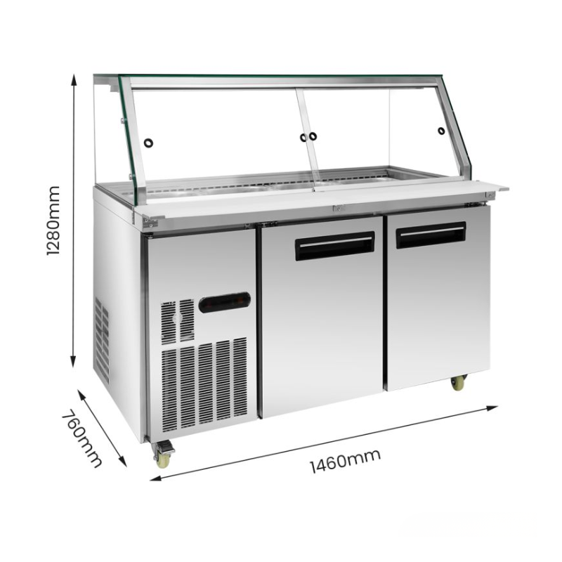 Stainless steel refrigerated counter with dimensions labeled on a white background