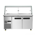 Stainless steel refrigerated display case with glass top on a white background