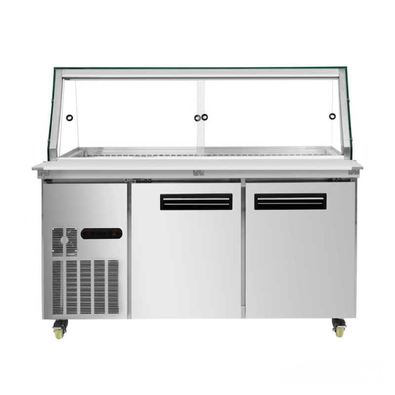 Stainless steel refrigerated display case with glass top on a white background