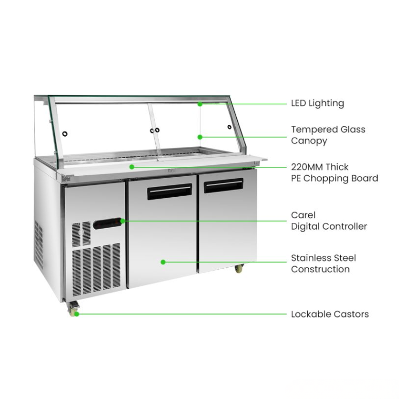 Frosted glass display case with labeled features on a white background