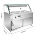 Stainless steel food display case with dimensions labeled on a white background
