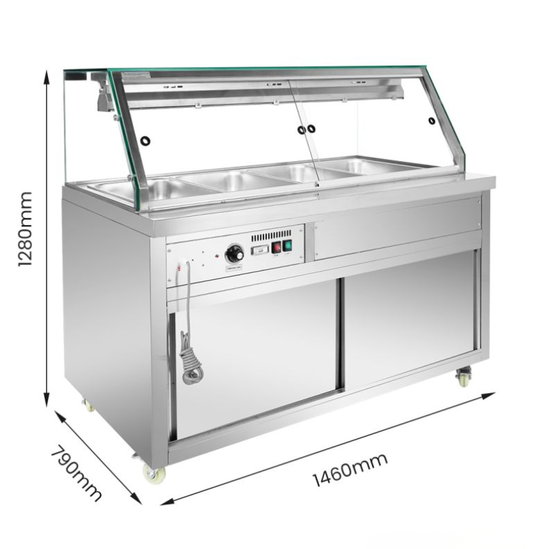 Stainless steel food display case with dimensions labeled on a white background