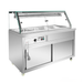 Stainless steel food display case with glass cover on a white background
