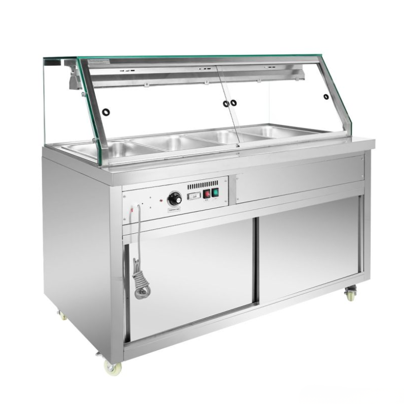 Stainless steel food display case with glass cover on a white background