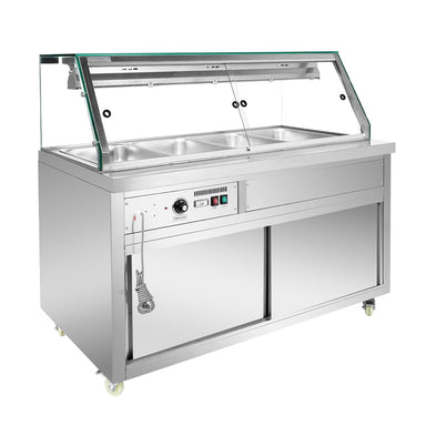 Stainless steel food display case with glass cover on a white background