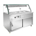 Stainless steel food display case with glass cover on a white background