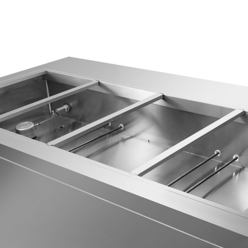 Stainless steel kitchen sink with divided compartments on a white background
