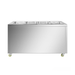 Stainless steel kitchen sink with three compartments on a white background