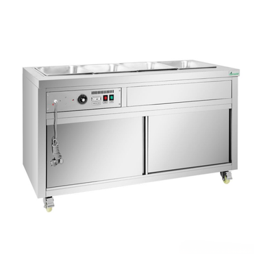 Stainless steel kitchen counter with sink on a white background