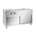 Stainless steel kitchen counter with sink on a white background