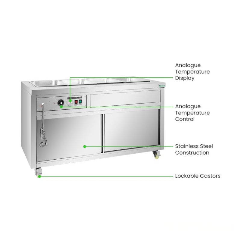 Stainless steel refrigerator with labeled features on a white background
