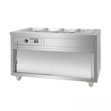 Stainless steel kitchen counter with sink on a white background