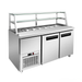 Stainless steel refrigerated display case with glass top on a white background