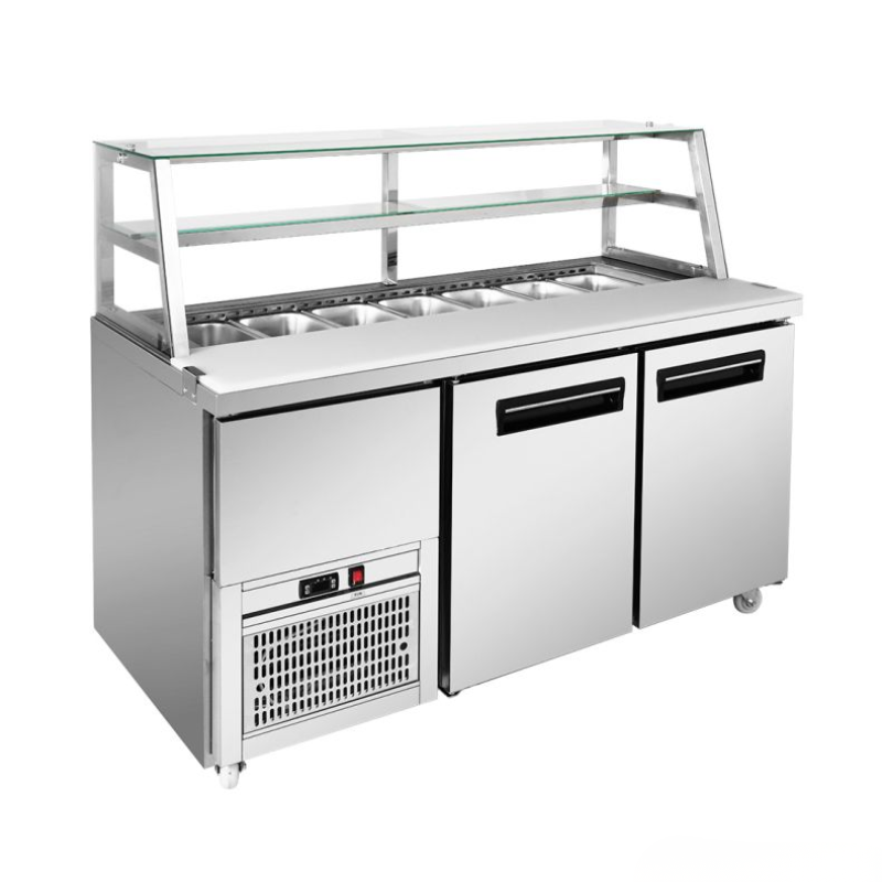 Stainless steel refrigerated display case with glass top on a white background