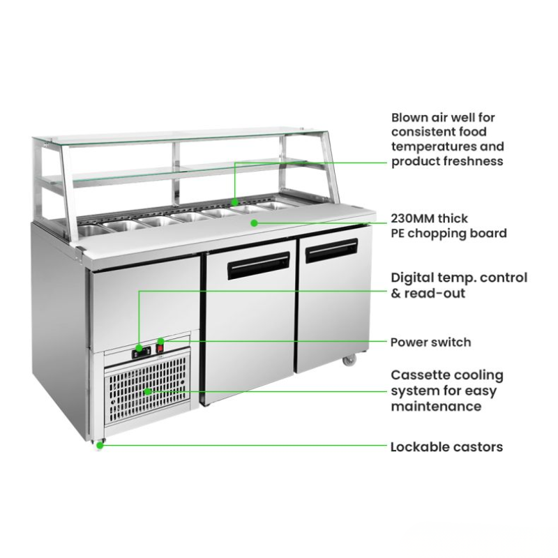Pezzettina refrigerated counter with features highlighted on a white background