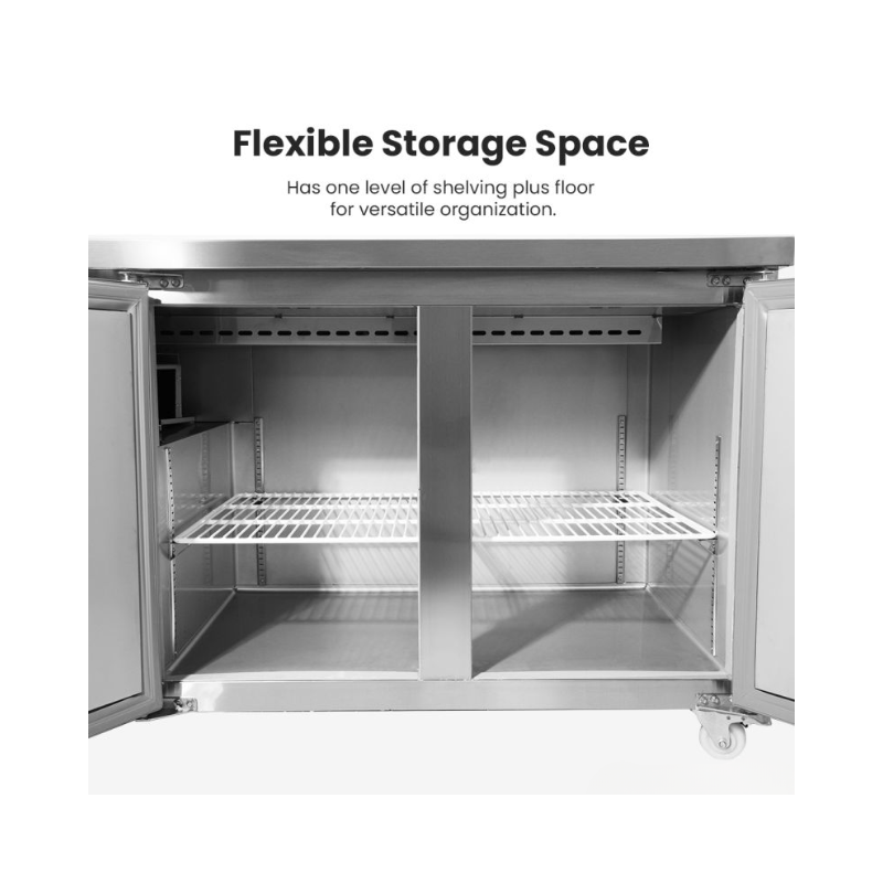 Stainless steel storage unit with open doors showing shelves and flexible storage space.