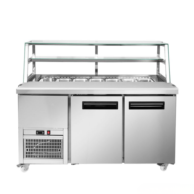 Stainless steel refrigerated display case with glass top on a white background