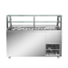 Stainless steel display case with glass top on a white background