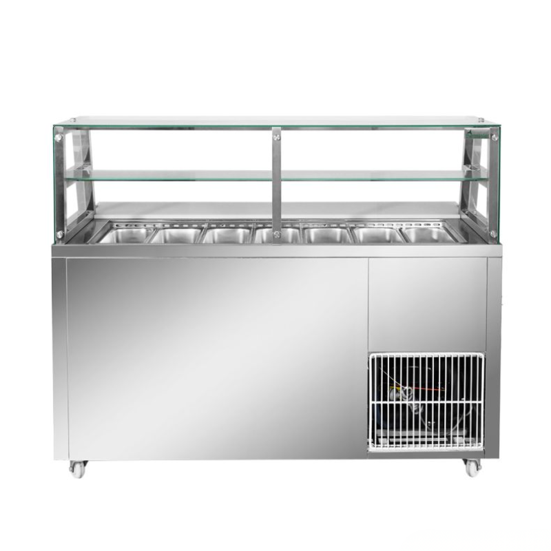 Stainless steel display case with glass top on a white background