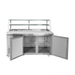 Stainless steel prep table with open doors on a white background