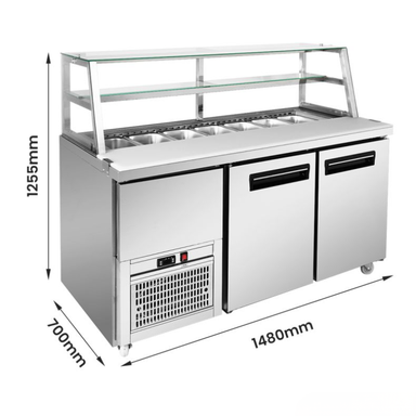 Commercial refrigerator with dimensions labeled on a white background