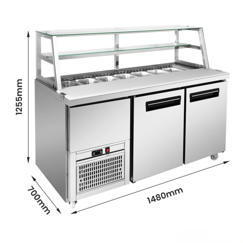 Commercial refrigerator with dimensions labeled on a white background