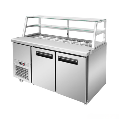 Stainless steel refrigerated counter with glass top on a white background